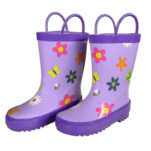 Foxfire Girls Purple Floral Butterfly Print Rubber Boots 11-3 Kids - SophiasStyle.com